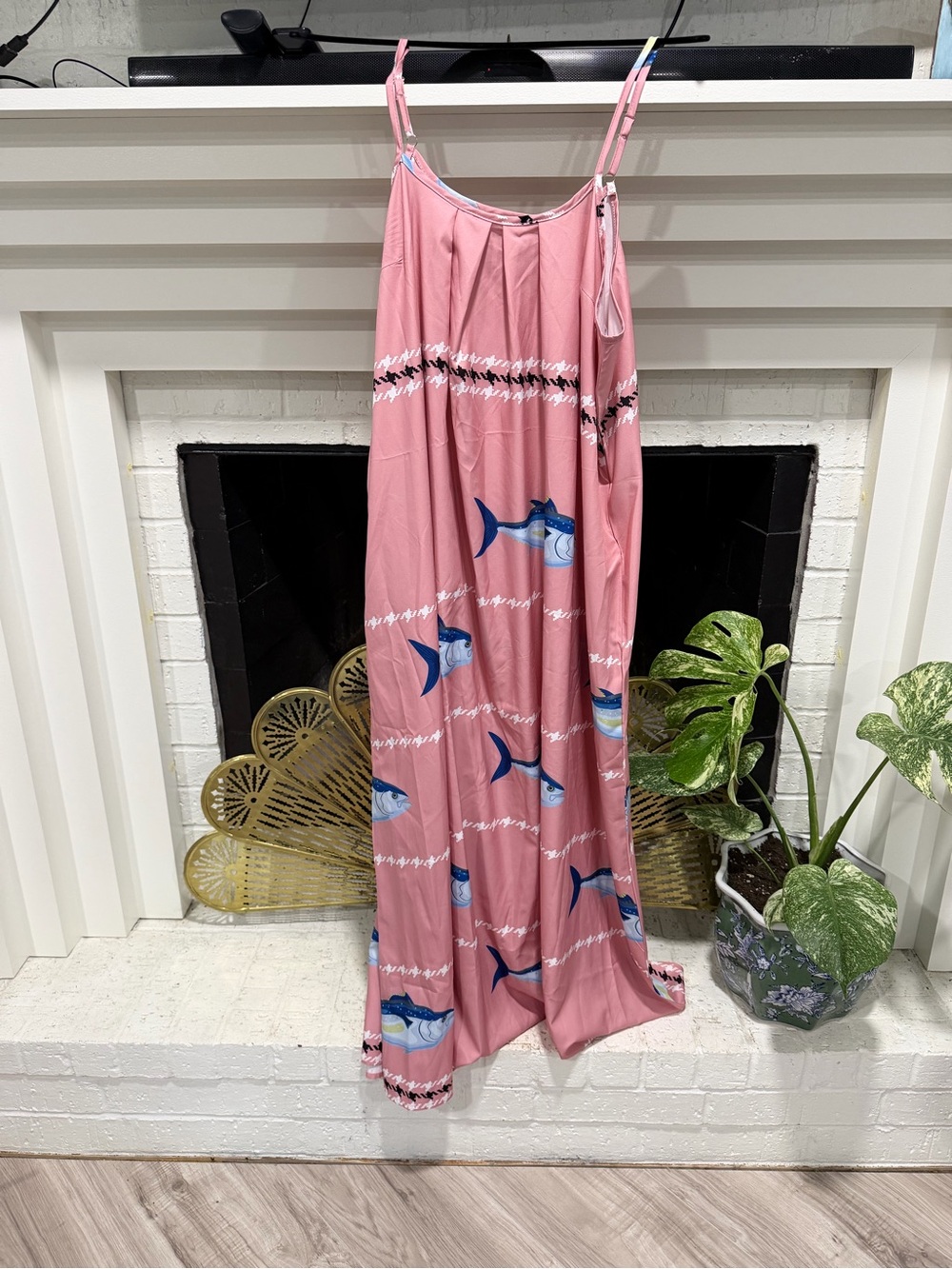 SHEIN Pink Maxi Slip Dress with Blue Fish Print